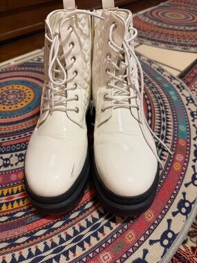 White Quilted Lace-Up Combat Boots with Black Lug Sole